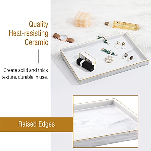 Shinowa Ceramic Vanity Tray, Bathroom Counter Tray Marble Finish Perfume Tray Rectangle Decorative Tray for Vanity Dresser Bathroom Countertop Living Room Kitchen, Large Size - Marble White - style: L-Rectangle