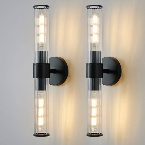 Bathroom Light Fixtures 2 Pack Hardwired, Black Wall Sconce Threaded Glass Vanity Light Featuring Two E26 sockets, Bathroom Wall Light Dimmable - Bulb Not Included, UL Certification - color: Black Threaded Glass-2Pack