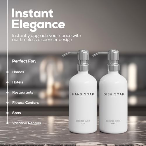 White Glass Hand and Dish Soap Dispenser Set by Brighter Barns - Modern Kitchen Soap Dispenser Set & Pump for Sink - Farmhouse Home Decor, Minimalist Kitchen Accessories (White) - color: Silver Hd