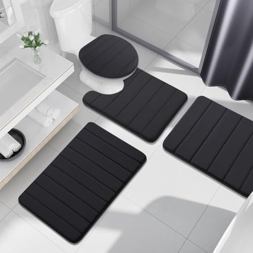 Buganda Memory Foam 3 Pieces Bathroom Rugs Set - Thick Soft Absorbent Bath Mats, Washable Small/Large/Contour Bath Rugs (24" x 16" + 30" x 20" + 24" x 20", Black) - color: Black, size: 24" X 16" + 30" X 20" + 24" X 20"