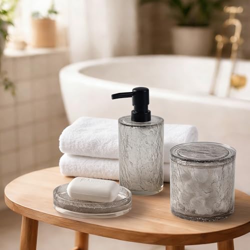 RQYIXI 5 PCS Resin Bathroom Accessories Set, Silver-Grey, Minimalist Luxury | Elegance Shatterproof Bathroom Set Includes: Soap Dispenser, Toothbrush Holder, Tumbler, Soap Dish, Cotton Swab Jar - size: 5pcs