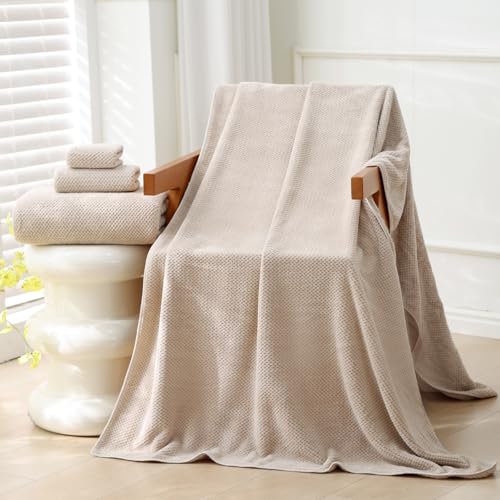 30x60 Inches Large Bath Towels Set Super Soft Absorbent 350GSM Thin Microfiber Towels for Bathroom - Beige,6-Piece