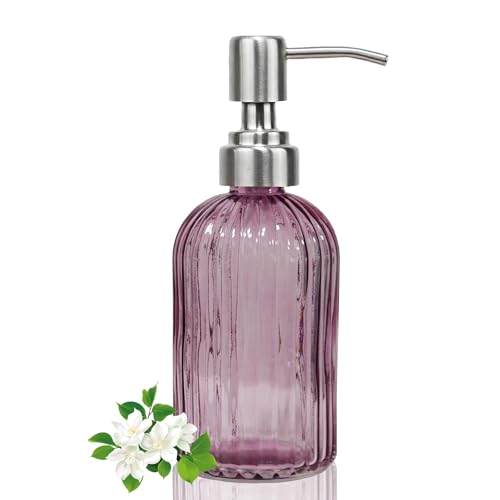 14Oz Purple Soap Dispenser Bathroom, Clear Glass Hand Soap Dispensers with Stainless Steel Pump, Refillable Dish Soap Dispenser for Kitchen, Countertop Soap Dispensers - color: Purple