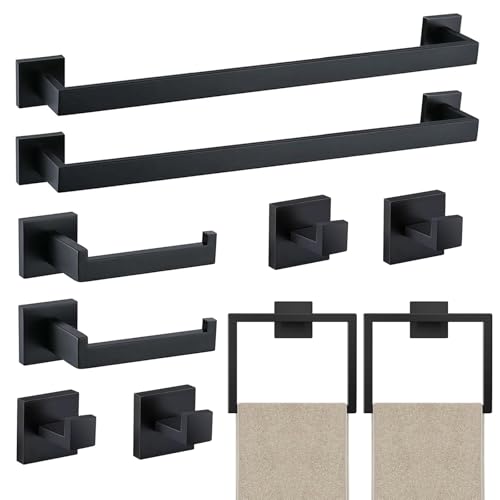JOPOFI 10 Piece Towel Bar Set - 23.6 Inch Bath Towel Holder - Matte Black | Stainless Steel Towel Racks for Bathroom Wall Mounted, Towel Rod for Bathroom Wall - color: Matte Black（10 Piece）, size: 23.6 inch