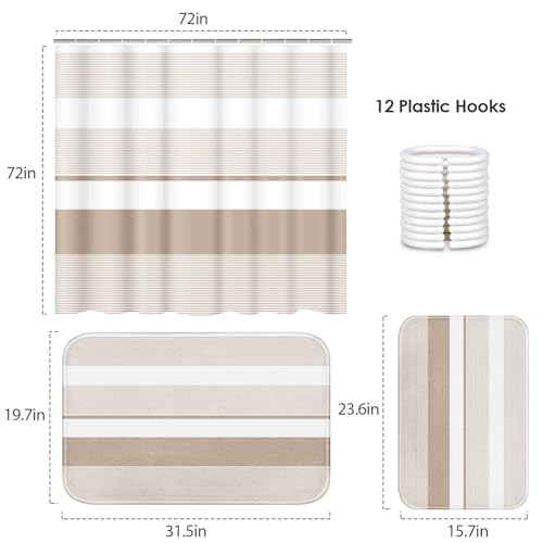 ArtSocket Beige Striped Bathroom Set with Shower Curtain and Bath Rugs and Accessories,Boho Modern Non-Slip Shower Curtain Set,Bathroom Decor 3 Pcs - color: Beige Striped