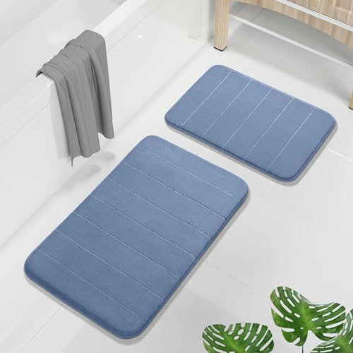 Yimobra Memory Foam Bathroom Rugs Sets 2 Piece - Super Soft Absorbent Quick Dry Bath Mat Set, Machine Washable Non Slip Floor Carpet for Tub Shower & Single Sink (17x24 & 31.5x20 Inch, Denim Blue) - color: Denim Blue, size: 31.5x20+24x17 Inch