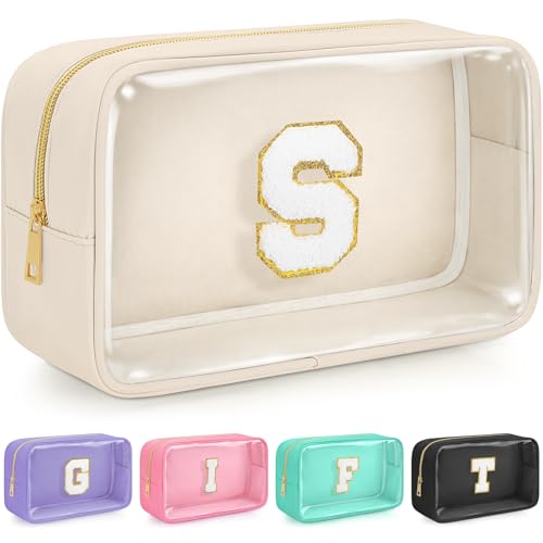 Initial Clear Makeup Bag, Birthday Gift Preppy Chenille Patch Cosmetic Bag, Initial Travel Essentials Beach Toiletry Pouch, Ideal Gift for Teachers & Moms, Women and Girls (Beige, S) - color: Beige, style: S