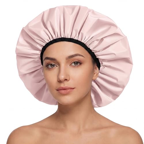 Extra Large Shower Cap for Women, Reusable Waterproof Shower Bonnet with Satin Lining, Double Layer Washable Bath Hair Cap for Braids, Locs, Long Thick Curly Hair, Natural Hair(Big Pink) - color: Pink