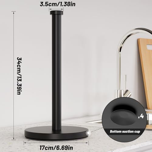 VEHHE Black Paper Towel Holder Countertop, Stainless Steel Paper Towel Holder Stand with Weighted Base Suction Cups for Kitchen Bathroom - color: Suction Base | Black