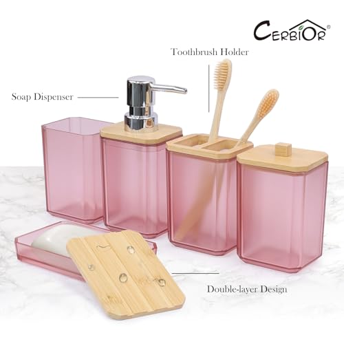 CERBIOR Bathroom Accessories Set 7 Piece Bath Ensemble Includes Soap Dispenser, Toothbrush Holder, Toothbrush Cup, Soap Dish for Decorative Countertop and Housewarming Gift (Pink) - style: Pink