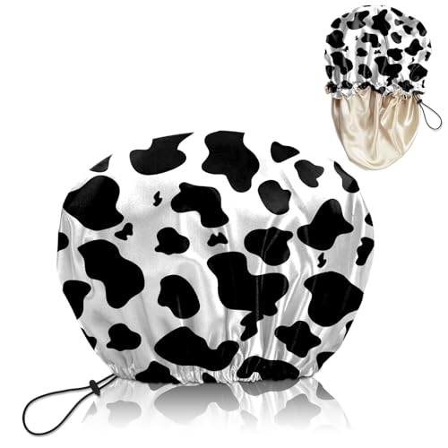 Luxury Shower Cap Satin Lined Reusable Waterproof Double Layer Elastic Adjustable Hair Bath Cap Cute Aesthetic Women Girls-Cow Leopard - color: F9-Cow Leopard
