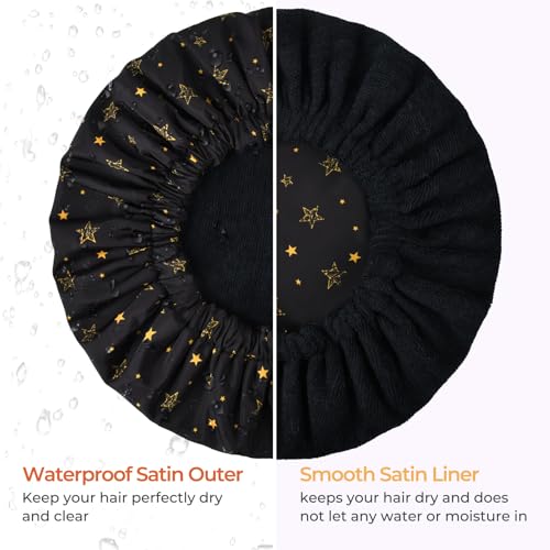 Shower Cap for Women Terry Lined Bath Cap Large Reusable Waterproof Elastic Band Black Star Shower Caps for Long Thick Hair Soft Bath Shower Hair Caps - color: Black/Gold Star