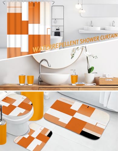 Lnond Orange Bathroom Set, 22-Piece Orange Abstract Bathroom Decor Set with with Shower Curtain and Rugs, Trash Can, Toilet Brush Holder Set & Soap Dispenser - style: Orange White Geometric