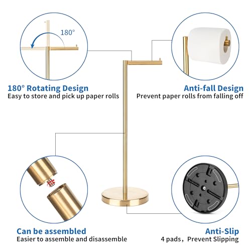 RFOUO Brushed Gold Toilet Paper Holder Stand 1 pc, Free Standing Toilet Paper Holder Stand,Bathroom Toilet Paper Storage with 2.7 Pounds Heavy Base for 4+1 Rolls,Toilet Tissue Holder - color: Brushed Gold