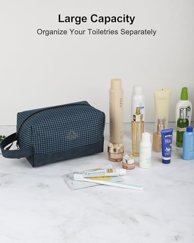 GOX Premium Plaid & Leather Travel Toiletry Bag with Reinforced Handles Cosmetic Organizer (9x5.1x5.1 inches) for Bathroom, Shaving, Makeup Essentials (Navy) - color: Navy