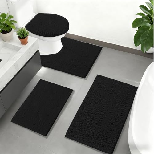 RUN HELIX Bath Rug Set 4 Piece - Non Slip Bath Mats, Soft Shaggy Absorbent Bathroom Mat Set with U-Shaped Toilet Mat, Black - color: Black, size: 1'8" x 2'8" (Square + oval + U-shape)