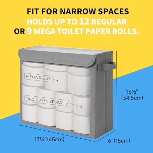 Cupic Cupid Toilet Paper Storage Baskets, Bathroom Toilet Paper Storage with Lid, Holds 12 Regular or 9 Mega Rolls, Slim Toilet Tissue Holder Basket with Clear PVC Lid and Handles, Grey - color: Grey
