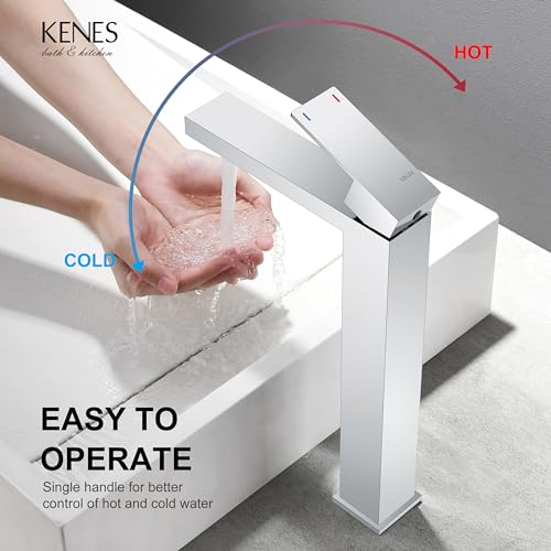 KENES Chrome Bowl Vessel Sink Facuet Single Handle Tall Bathroom Sink Faucet Bathroom Vanity Faucet Basin Mixer Tap with Water Supply Lines and Pop Up Sink Drain, LJ-9031A-5 - color: Chrome, size: Tall