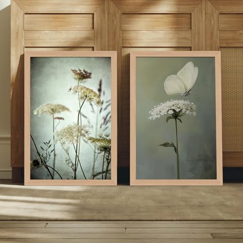 2Pcs Framed Vintage Wall Art Moody Elegant Green radish flowers and Butterfly Canvas Painting Rustic Floral Poster Artwork for Bathroom, Bedroom, Living Room,wooden frame12x16in - color: Green Radish Flowers and Butterfly, size: 12x16 Inches