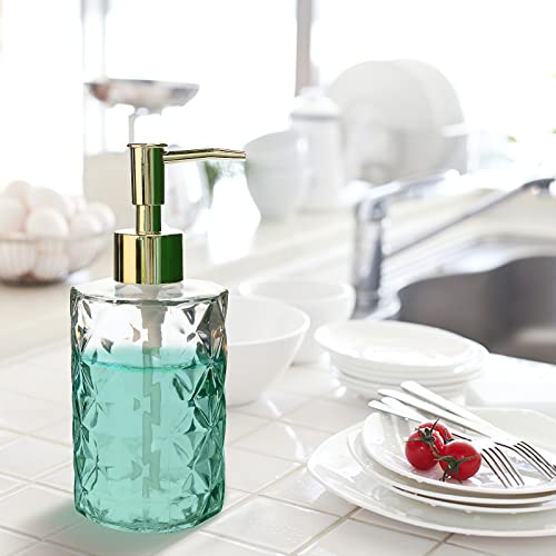 Crystal Glass Soap Dispenser, 330ml/11oz. Clear Glass Lotion Soap Dispenser with Gold Pump, Crystal Design Reusable Hand Soap Dispenser for Kitchen Dish Soap, Shower Gel, Shampoo(Gold Plating Pump) - color: White&gold