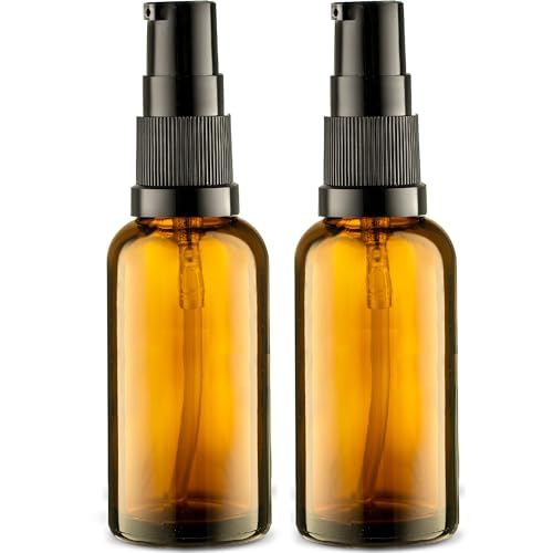 VitalUp Empty Refillable Glass Amber Pump Bottle Ideal for Lotion Cream Essential Oil Travel Small Container - 2 Pack (50ml) - size: 2 Pack (50ml)