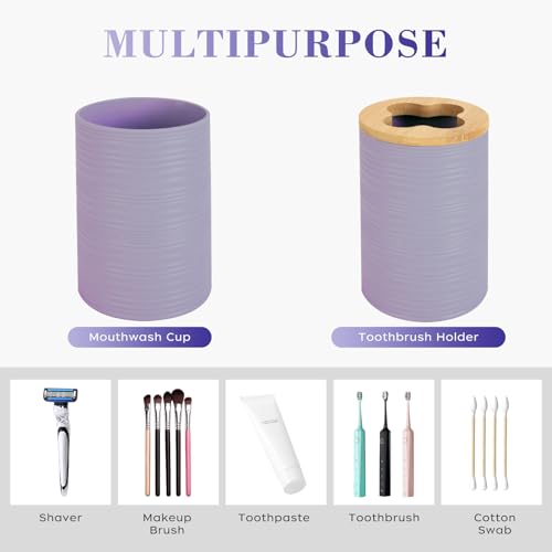 4 PCS Lavender Bathroom Accessories Set, Includes a Soap Dispenser, Toothbrush Holder, Soap Dish and Mouthwash Cup, Plastics & Bamboo Bathroom Set, Bohemian Style Bathroom Sink Set - color: Lavender Purple, size: 4 PCS