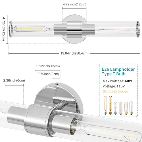 Hardwired Chrome Bathroom Vanity Light Clear Glass Wall Sconce | Up & Down Bidirectional Lighting, Damp Rated For Bathrooms, Dimmable, Rustproof Metal, 3-Year Manufacturer Warranty - color: Chrome-A
