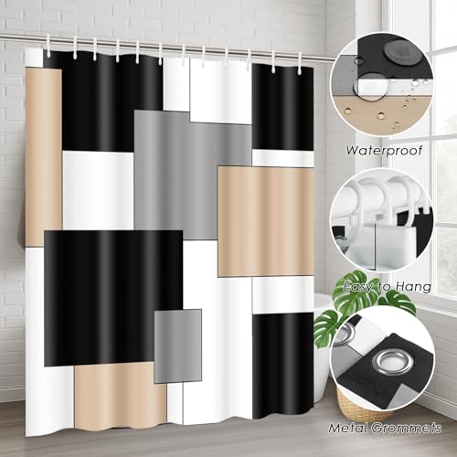 Beige Geometric Shower Curtain Set with Toilet Lid Cover and Non-Slip Rugs for Bathroom, Black Grey White Checkered 4 Pcs Shower Curtain, Modern Abstract Bathroom Set with 12 Hooks - color: Abstract Geometric Beige