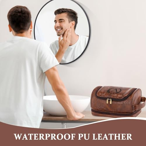 Personalized Gifts Travel Toiletry Bag for Men, Engraved Initial PU Leather Waterproof Shaving Bag, Groomsmen Present Christmas Birthday Gifts for Men Dad Husband Son Boyfriend, Reddish Brown P - color: Reddish Brown, style: P