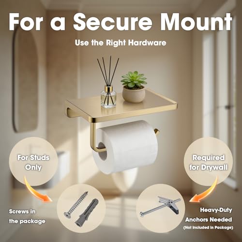 TRUSTMI Toilet Paper Holder with Shelf & Phone Stand | Brushed Gold Bathroom Storage, Solid Zinc Alloy, Wall Mounted | Holds 15lbs, Fits Jumbo Rolls - color: Brushed Gold, size: 7.1" x 4.3"
