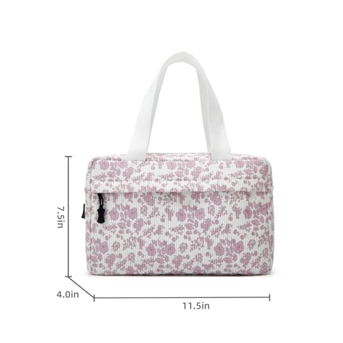 Large Makeup Bag for Women Corduroy Cosmetic bag Make up Bags Zipper Pouch with handle Cosmetic Organizer Toiletry Bag for Travel Storage - color: 16-Pink Flower
