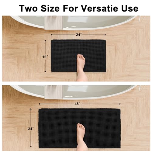 Hiasan Set of 2 Waffle Bath Mat, Super Absorbent Non Slip Bathroom Boho Rug with Tassels, Machine Washable Bath Mats for Bathroom, Ultra Soft Rubber Backed Rug, Black, 16" x 24" + 24" x 48" - color: Black, size: 16" x 24" + 24" x 48"