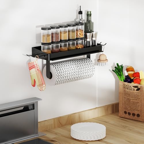 YIGII Wall Mount Paper Towel Holder with Phone Stand, Garage Papertowel Holder with Shelf and 4 Extended Hooks, Heavy Duty Stainless Steel Paper Towel Rack for Garage & Tool Room, Black - color: Black