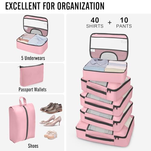 Veken 10 Set Packing Cubes for Travel Essentials,Anti-Wrinkle Buckled Suitcase Organizer for Shoe & Toiletry Bag,Carry On Luggage Bag with 99+ Count Mesh Holes for Airplane & College Dorm Accessories - color: 03 Pink