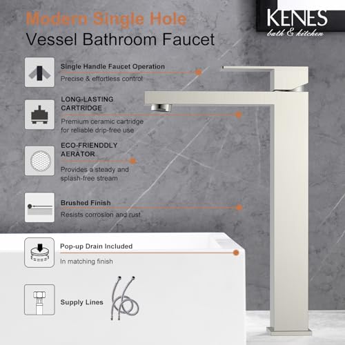 KENES Brushed Nickel Vessel Sink Facuet Single Handle Tall Bathroom Sink Faucet Vanity Bathroom Faucet Basin Mixer Tap with Water Supply Hose and Pop Up Sink Drain, LJ-9031A - color: Brushed Nickel, size: Tall