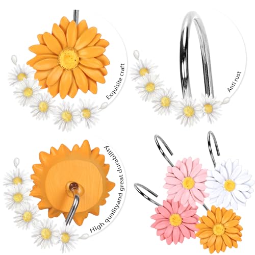 Whaline 12Pcs Boho Daisy Shower Curtain Hooks Summer 4 Colors Flower Shower Rod Rings Floral Decorative Curtain Hanger Hooks for Living Room Bedroom Bathroom Decor - color: Boho Colors