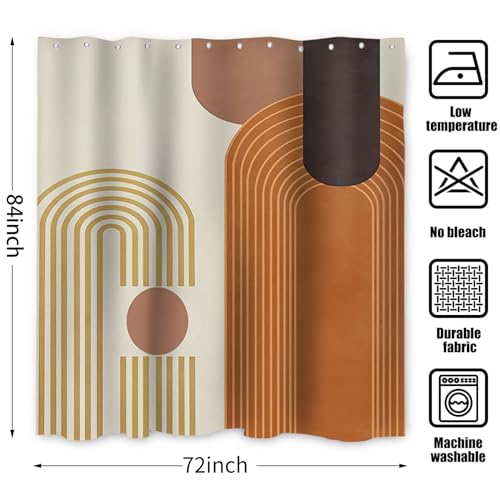 Mid Century Modern Extra Long Shower Curtain, Boho Brown Arch Geometric Machine Washable Waterproof for Bathroom Bathtub with Hooks 72Wx84H - color: Brown and Beige, size: 72"W x 84"L (Pack of 1)