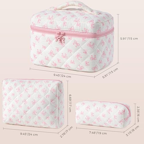 HBselect Quilted Makeup Bag, 3PCS Cotton Large Travel Makeup Bag, Cute Floral Coquette Make up Bag Cosmetic Bag Toiletry Bag for Women Girls - color: A-3PCS-Floral 18