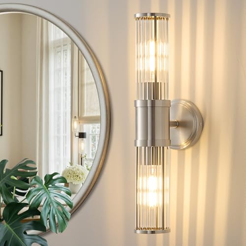 Brushed Nickel Wall Sconce Bathroom Vanity Light Fixtures for Mirror, Modern Wall Light with Glass Rod Shade for Bathroom, Bedroom, Hallway, Living Room - Bulb Not Included - color: Brushed Nickel-Glass Rod