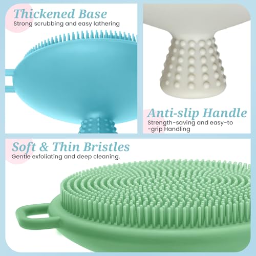 Silicone Face & Back Scrubber Set, Manual Face & Body Scrubber Exfoliator with Soft Bristles and Non-Slip Handle, Back Brush Bath Brush with 2 Detachable Brush Heads(3PCS Green Set) - color: 3*green Set