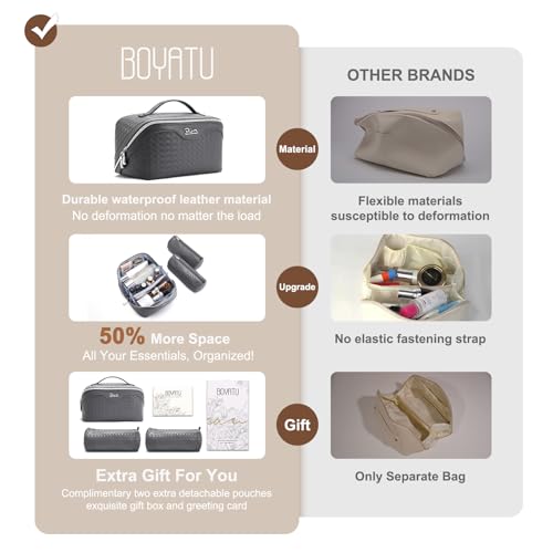 BOYATU Travel Makeup Bag Cosmetic Bags for Women: Large Capacity 3 Pcs Set Make up Bag with Compartments - Waterproof Vegan Leather Toiletry Organizer Bags with Handle (L07Grey) - color: L07Grey