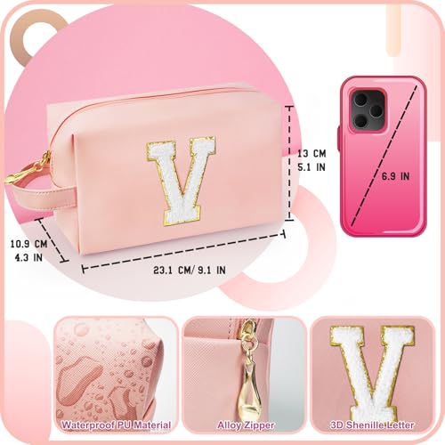 Personalized Initial Makeup Bag with Handle, Preppy Cosmetic Bag with Inner Zipper Pocket, 8 9 10 11 12 13 14 Years Old Girl, Graduation Gifts for Teen Girls Women Teachers (V, Pink) - color: Pink, style: V