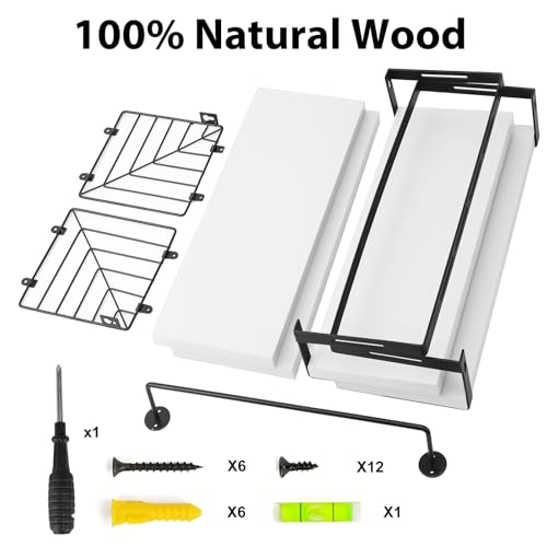 Fixwal Wall Mounted Bathroom Shelves Over Toilet, Rustic Wood Floating Shelves with Metal Frame and Towel Bar for Bathroom, Kitchen, Bedroom, Living Room (3 Plus 1 White) - color: 4-white