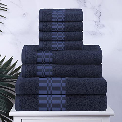 Superior 8-Piece Cotton Towel Set, Geometric Design, Dobby Border, Plush Quick Dry Towels, Decorative Bathroom, Spa, Includes 2 Bath, 2 Hand, 4 Face Towels/Washcloth, Larissa Collection, Navy-Blue - color: Navy Blue, size: 8 Piece Towel Set