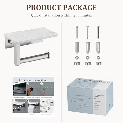 BWE Brushed Nickel Toilet Paper Holder with Marble Shelf, Toilet Paper Roll Holder Wall Mounted, Toilet Paper Roll Holder with Phone Shelf 304 Stainless Steel Tissue Holder for Bathroom Washroom - color: Brushed Nickel