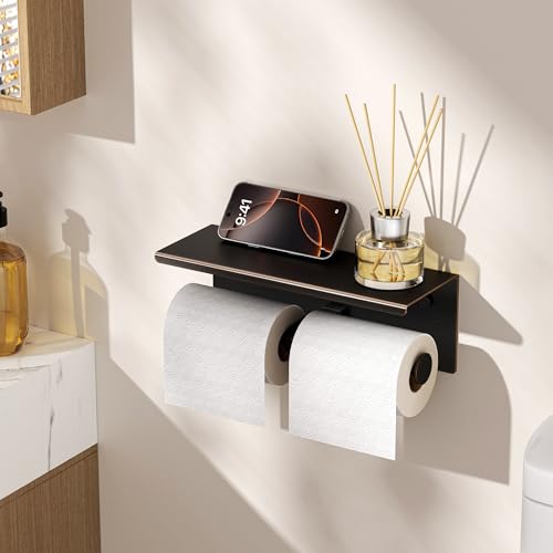 FORIOUS Double Toilet Paper Holder with Shelf, Wall Mount Tissue Roll Holder for Bathroom, 304 Stainless Steel Commercial Toilet Tissue Dispensers with Phone Shelf (1, Oil Rubbed Bronze) - color: Oil Rubbed Bronze