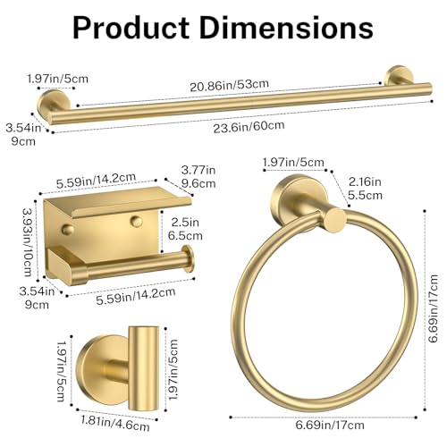 Brushed Gold Bathroom Hardware Set 5 Pieces Towel Bar Set Round Towel Holder Set for Bathroom,Upgraded Toilet Paper Holder with Shelf,Stainless Steel Wall Mounted 23.6 Inch - color: Gold