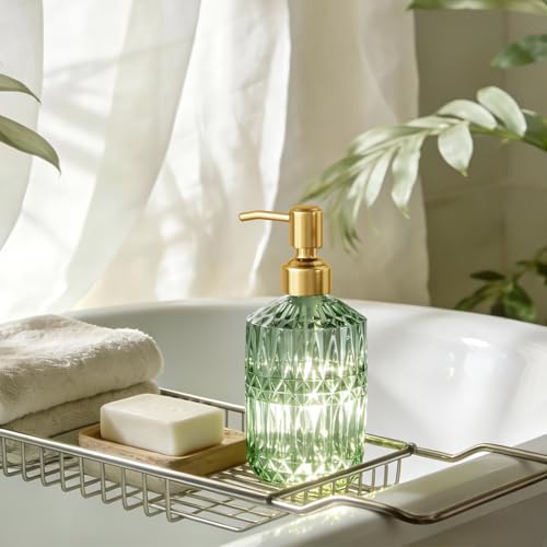 AmazerBath Soap Dispenser Green Glass Soap Dispenser with Pump Stainless Steel, 14.2OZ Luxury Gold Hand Soap Dispensers Bottles Bathroom, Refillable Kitchen Soap Dispenser for Dish Soap, 1 Pack - color: Green & Gold - 1 Pack