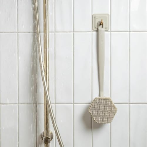 TOOLETRIES Silicone Back Scrubber for Shower with Hook - Sand | Long ergonomic bath brush with a non-slip grip for exfoliating and reaching hard-to-reach areas comfortably. - color: Sand