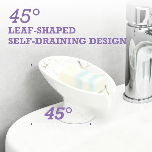 Self-Draining Soap Dish for Shower, Bathroom & Kitchen - White Ceramic Soap Holder with Gold Marble Pattern, Keeps Soap Dry, Easy to Clean